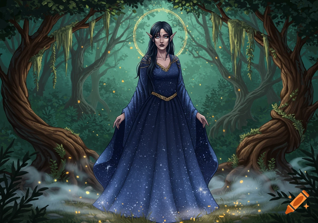 An elegant elf woman with dark hair and pointed ears, wearing a starry blue dress, stands in a magical forest with glowing lights and mist.