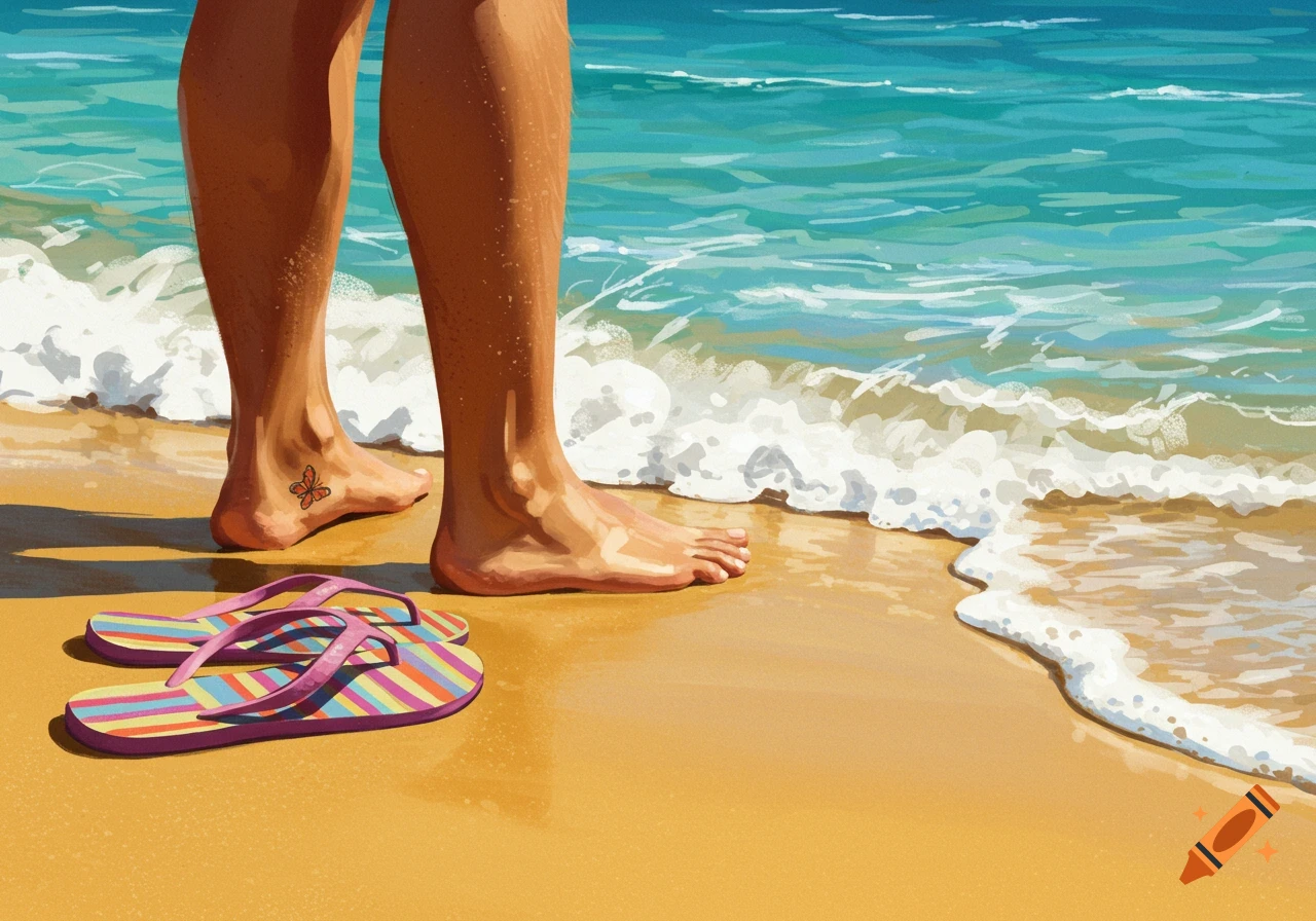 Illustration of two pairs of feet on a golden beach with turquoise ocean waves. Striped flip-flops lie on the sand.