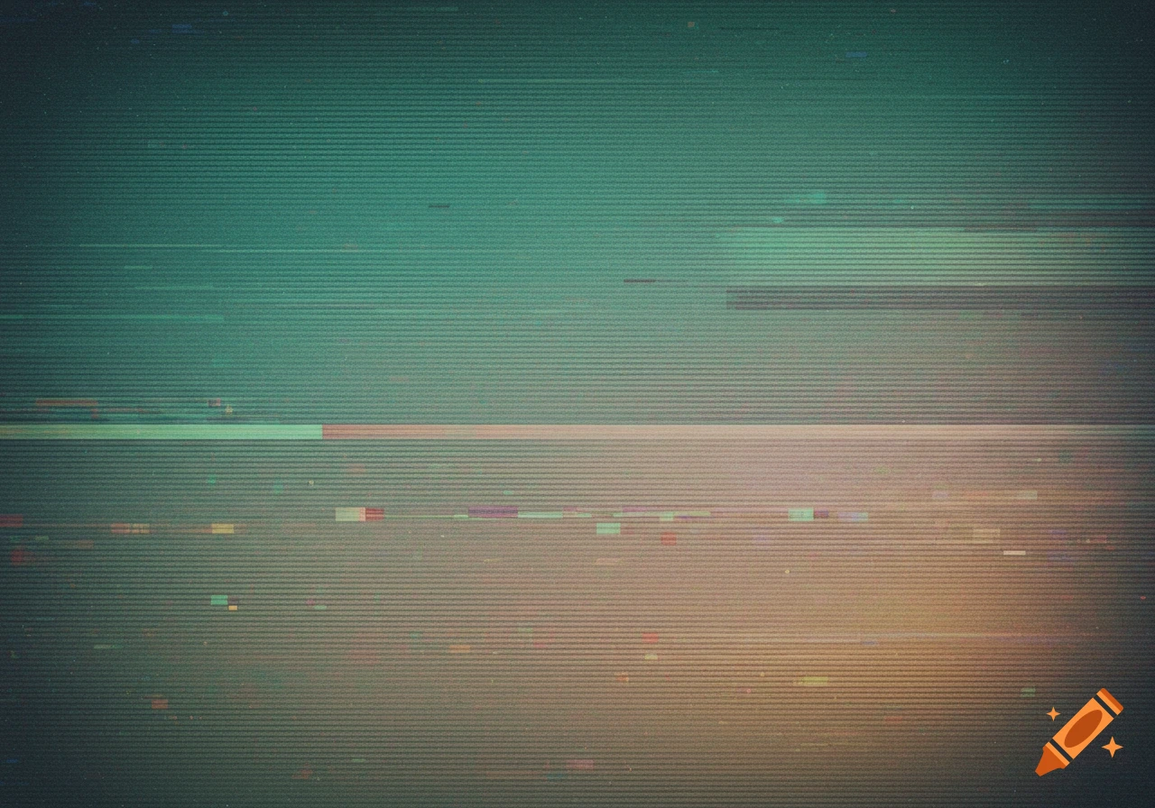 Teal and orange background with horizontal scan lines, static, and colorful digital glitch artifacts in a vintage VHS style.