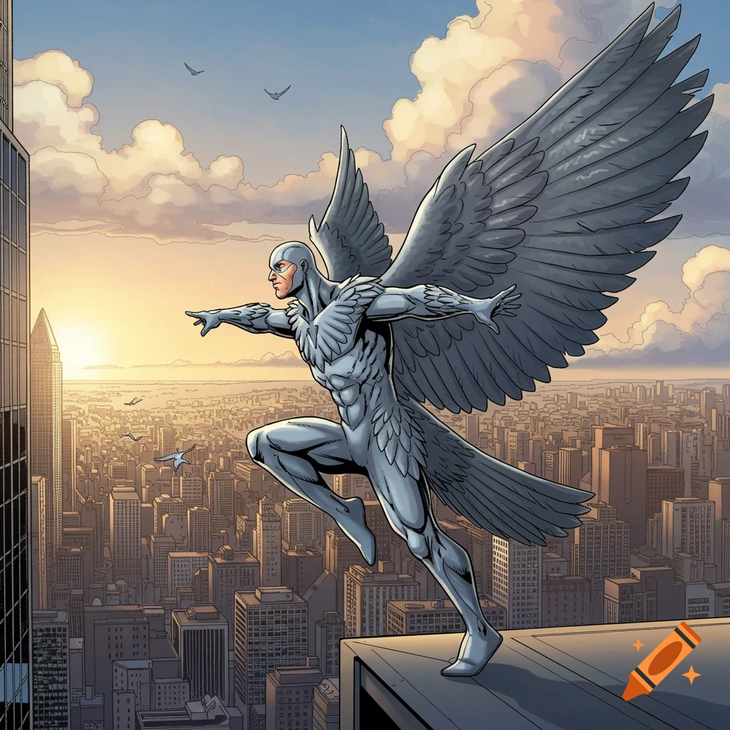 A comic book style image of a winged superhero in a grey suit on a skyscraper, overlooking a city at sunset.