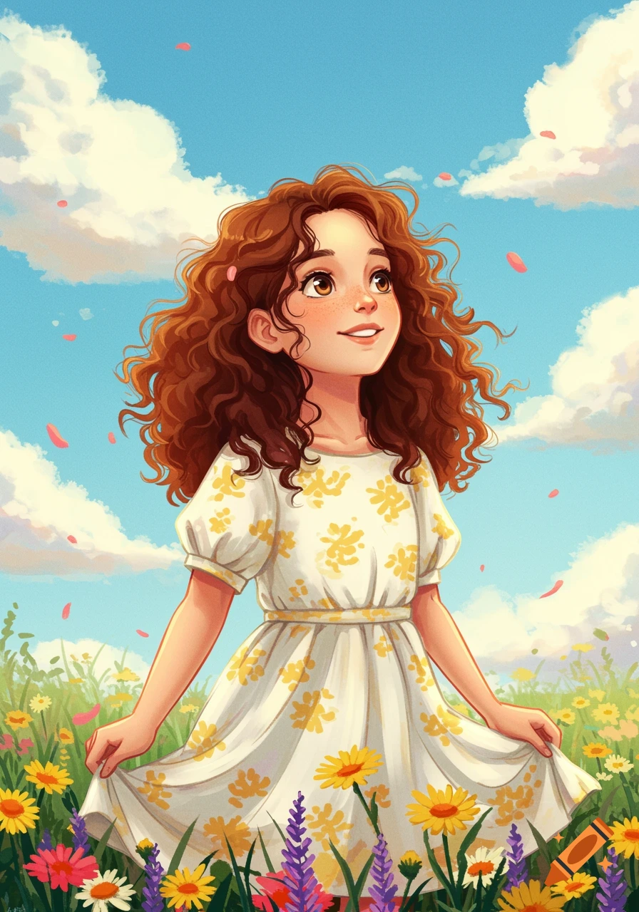 Smiling cartoon girl with curly hair looks up in a field of colorful wildflowers under a blue sky.