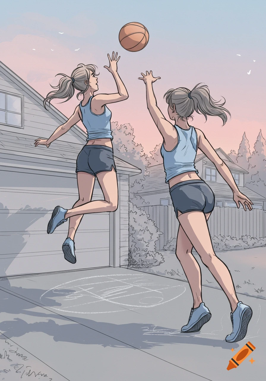 Two cartoon girls with ponytails play basketball on a driveway at sunset, one jumping to shoot, in a line art style.
