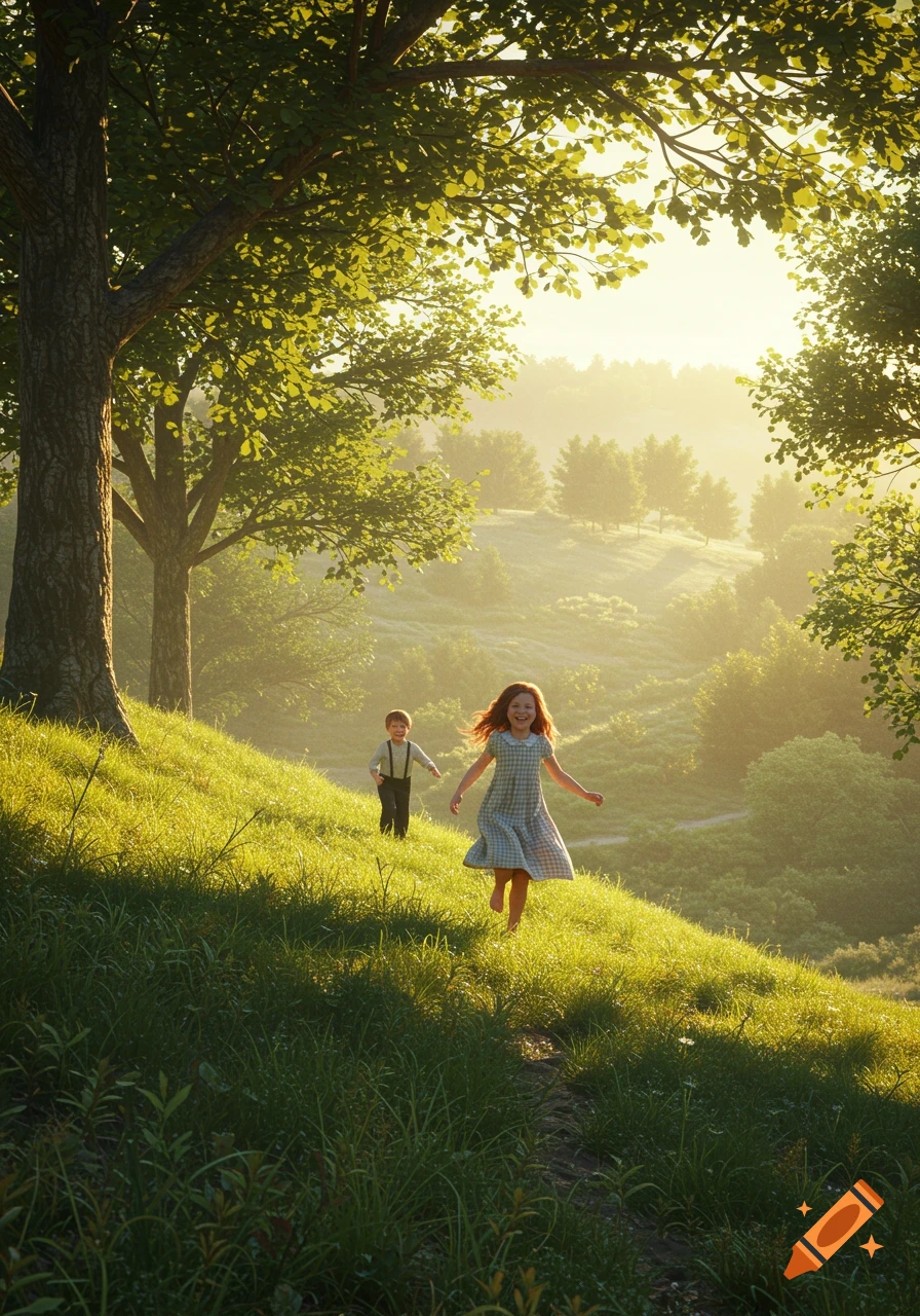 A girl and a boy run barefoot down a sun-drenched, grassy hill, framed by large trees in a vibrant natural landscape.
