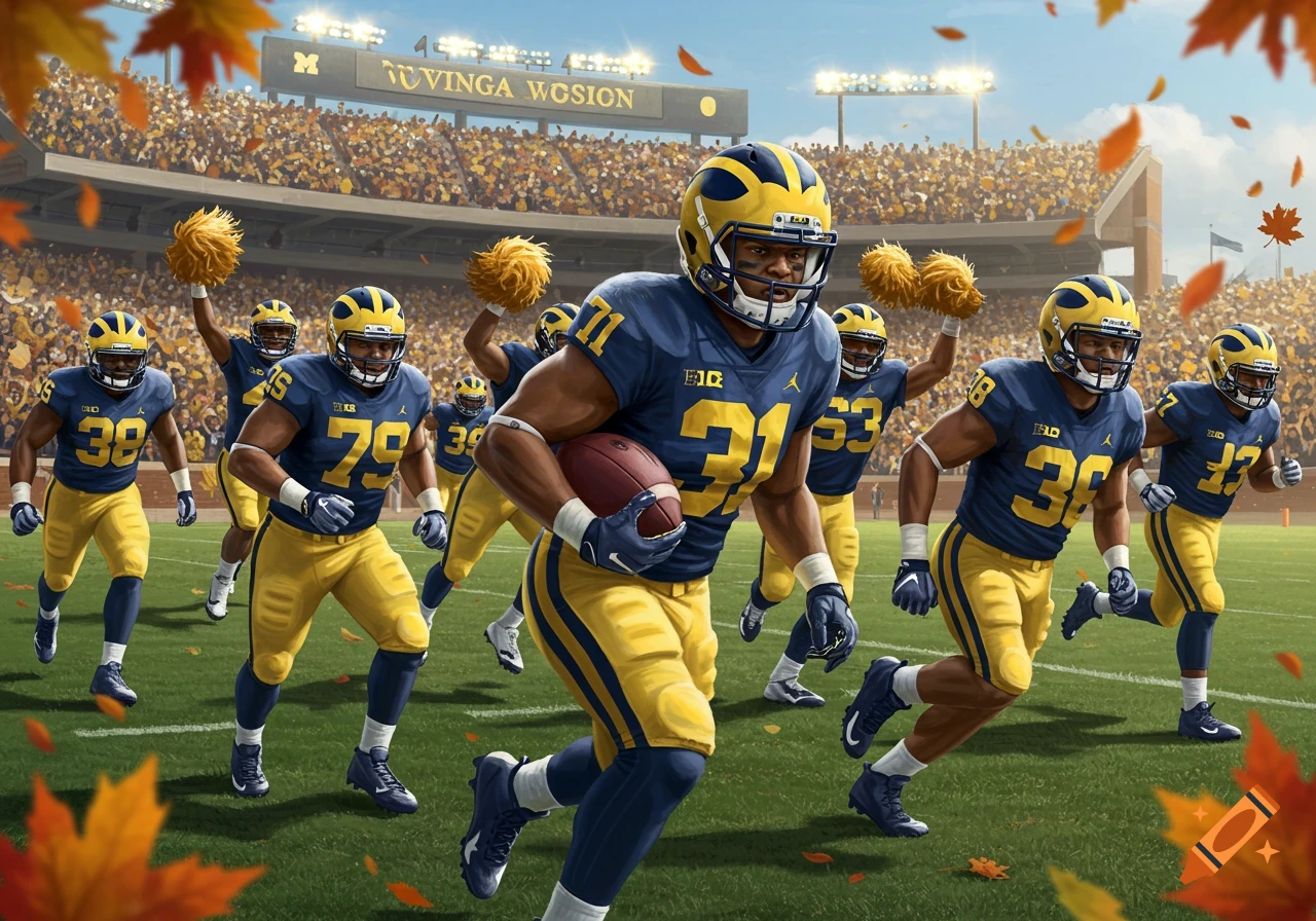 Photorealistic image of a football player in a blue and yellow uniform running with the ball on a stadium field, surrounded by teammates and falling leaves.