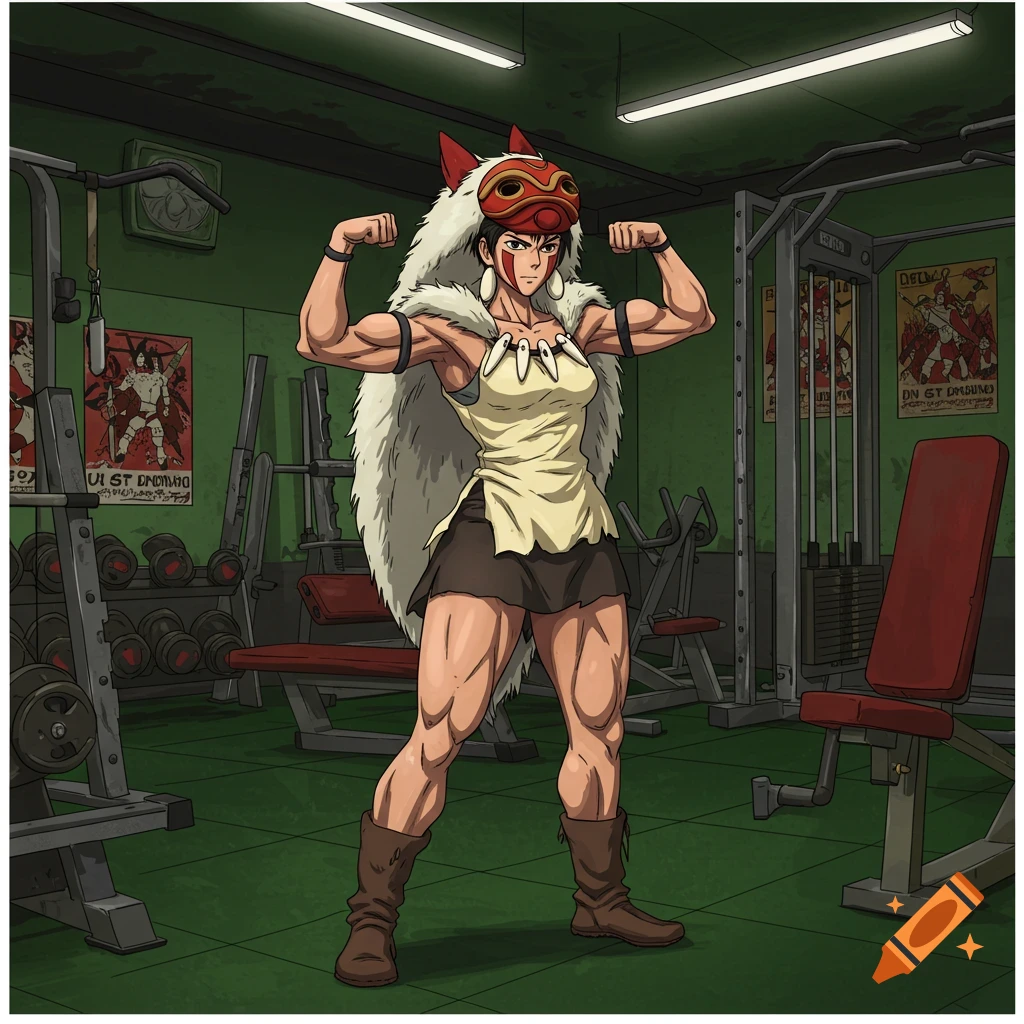 Muscular Princess Mononoke in her wolf mask flexing at a gym, in an anime style.