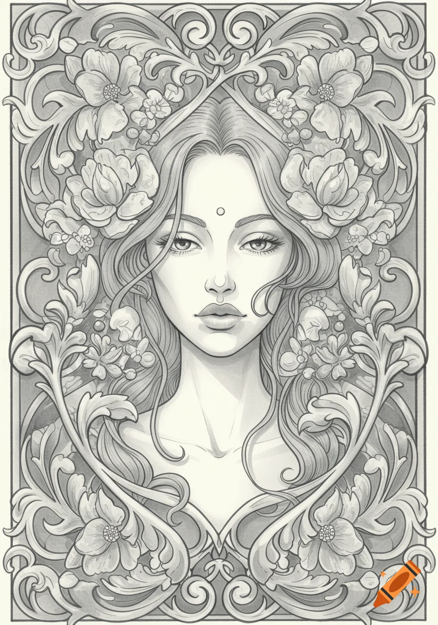 Black and white illustration of a woman's face with long hair, framed by an ornate neo-traditional floral border.