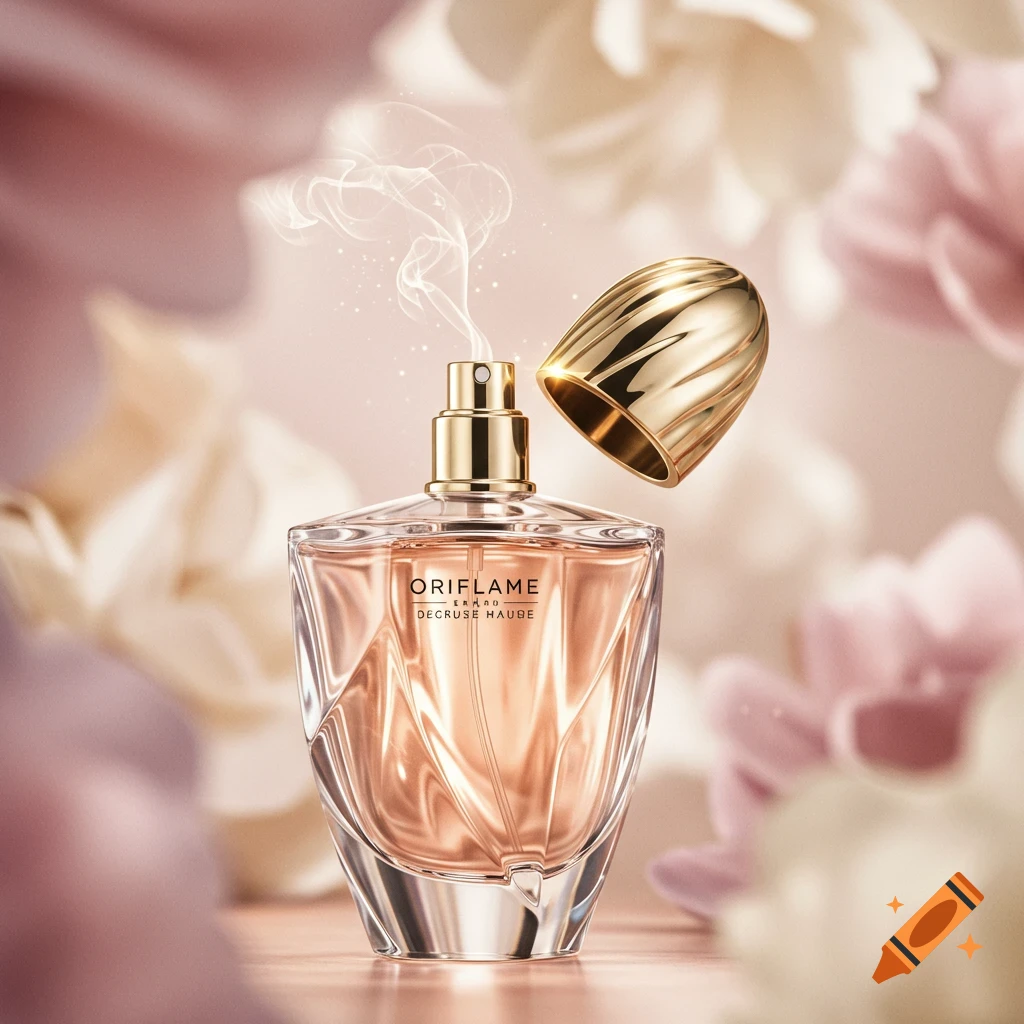 Photorealistic image of an Oriflame perfume bottle with a golden cap, mist, and soft floral background.