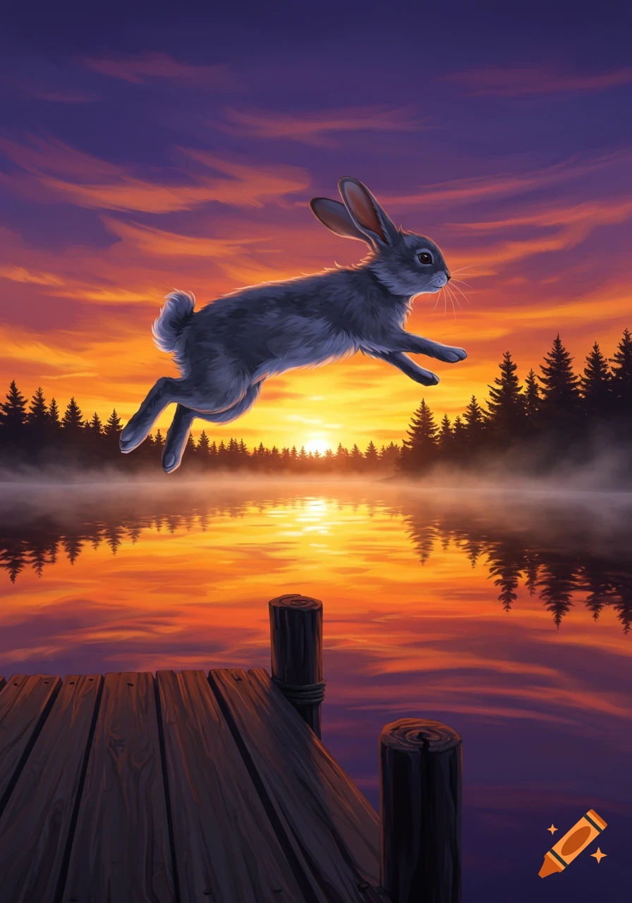 A digital painting of a rabbit leaping from a wooden pier over a misty lake at sunset, with a vibrant orange and purple sky.