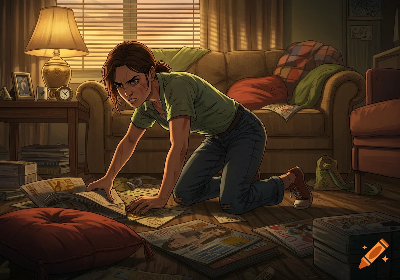 A determined woman in a green shirt and jeans kneels on a messy living room floor, searching through scattered papers and magazines. Comic book style.