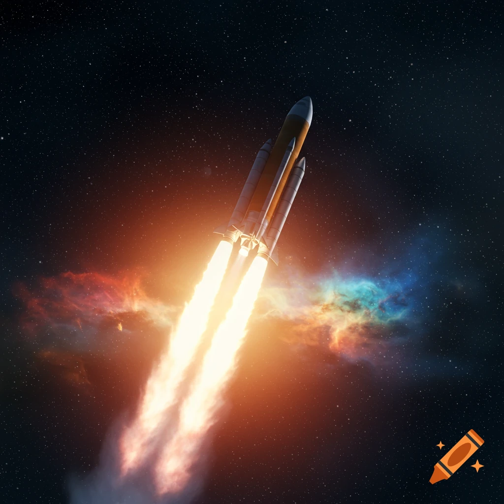 A large rocket launches into space, its engines blazing brightly against a starry background with colorful nebulae.