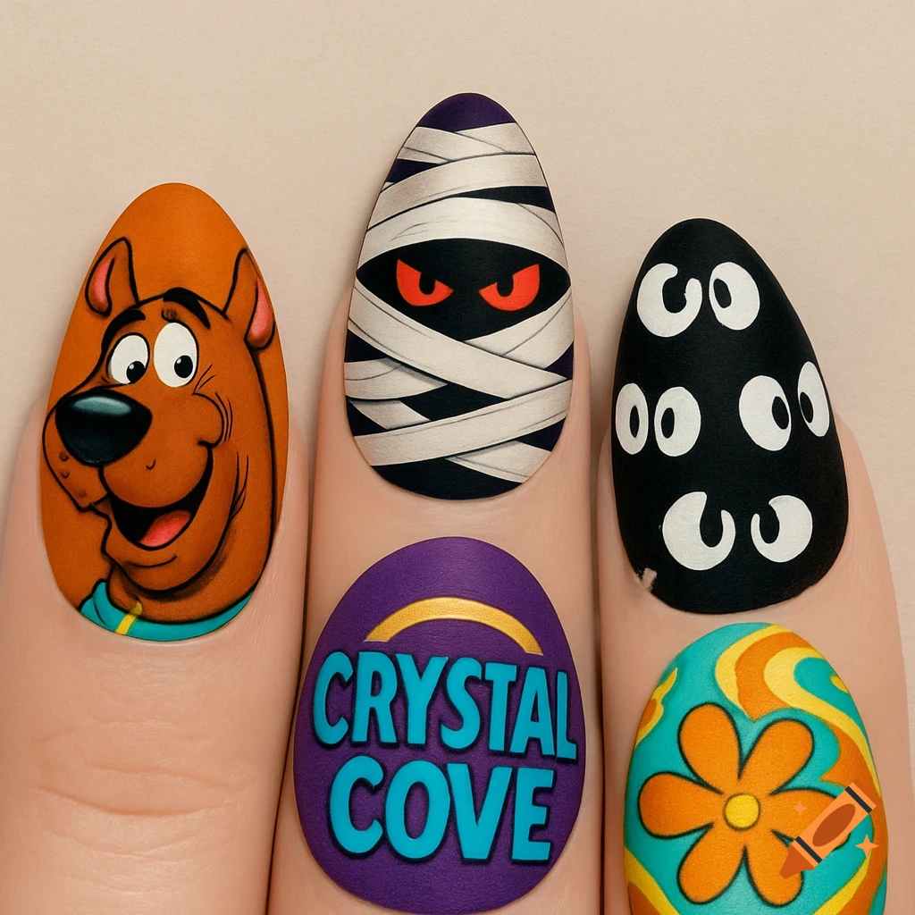 Five fingers display vibrant Scooby-Doo themed nail art: Scooby's face, a mummy, 'CRYSTAL COVE' text, cartoon eyes, and a psychedelic flower.