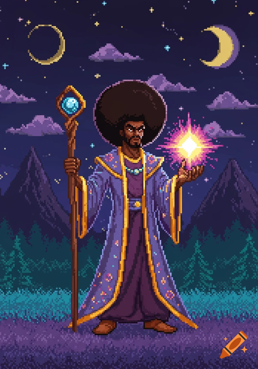 Pixel art of a Black wizard with an afro, purple robe, and staff, casting a glowing spell against a night sky with moons and mountains.