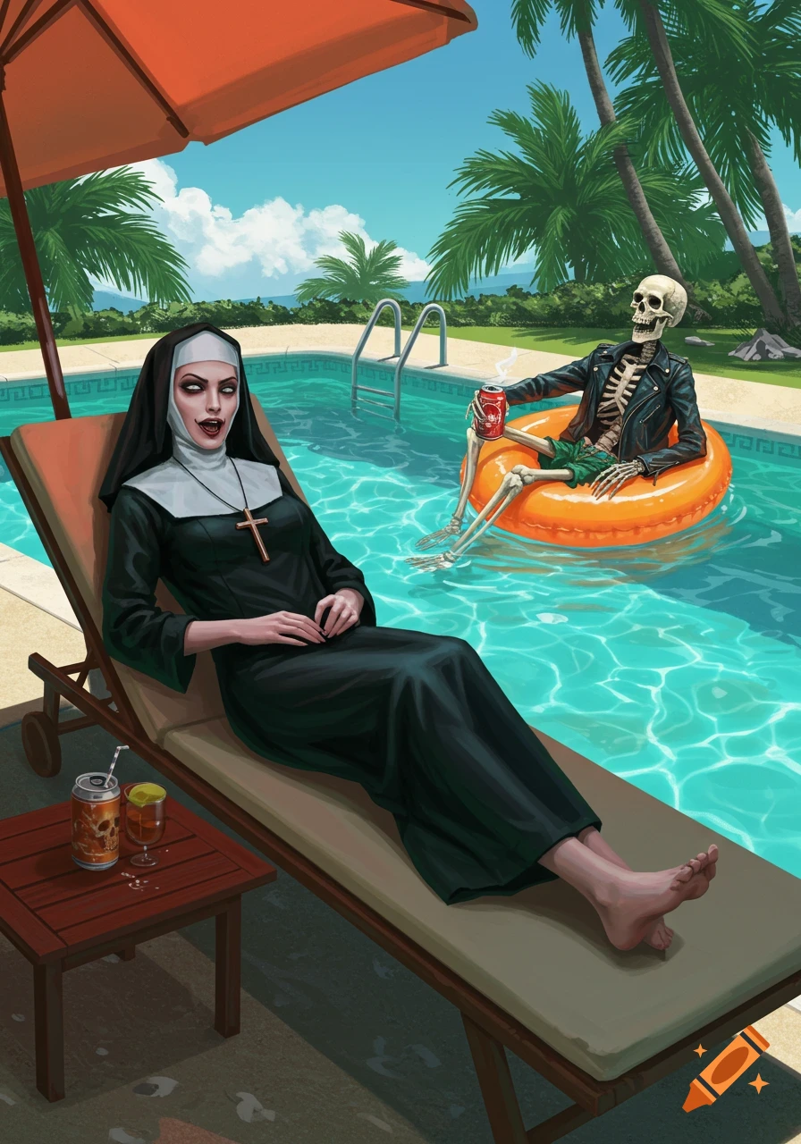 An illustration of an evil nun on a sun lounger by a pool, while a skeleton in a leather jacket floats on an inner tube.