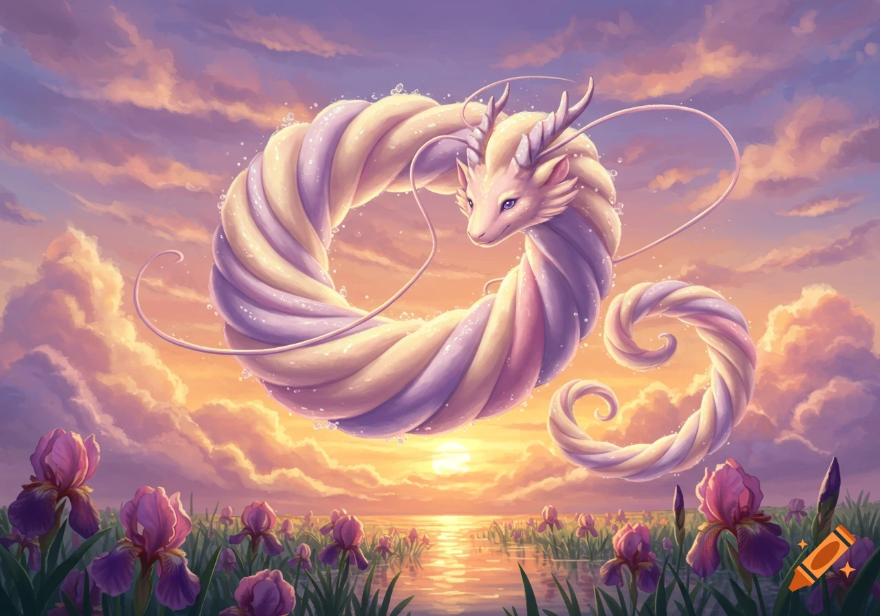 A whimsical marshmallow swirl dragon flying at sunset over a field of purple irises and water, in a dreamy art style.
