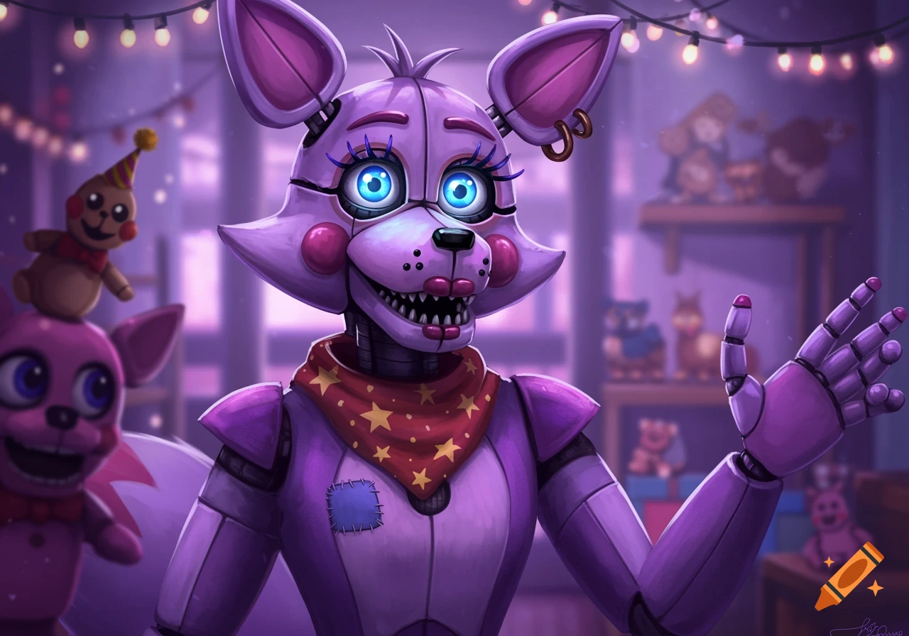 Stylized illustration of a purple and white animatronic fox with glowing blue eyes, wearing a star-patterned bandana, in a playful room with string lights and toys.
