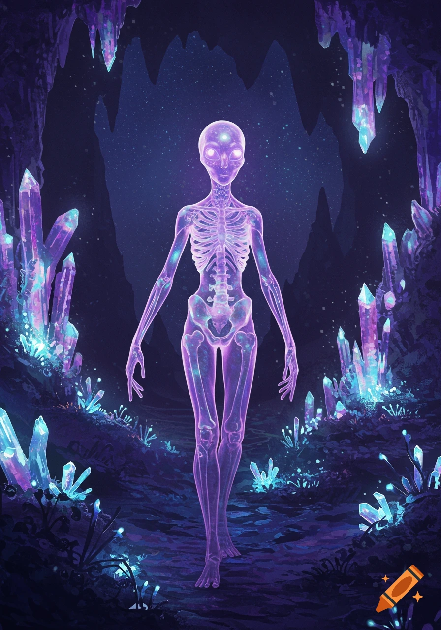 An ethereal purple alien with visible crystal bones stands in a glowing cave filled with vibrant purple and blue crystals.