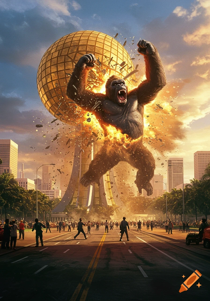 A giant gorilla smashes a golden globe monument in a city street, with fire and debris, as people flee at sunset.