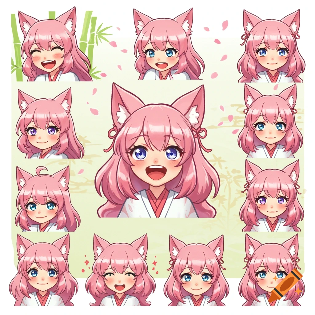 Grid of pink-haired anime fox girl emotes displaying various happy and neutral expressions.
