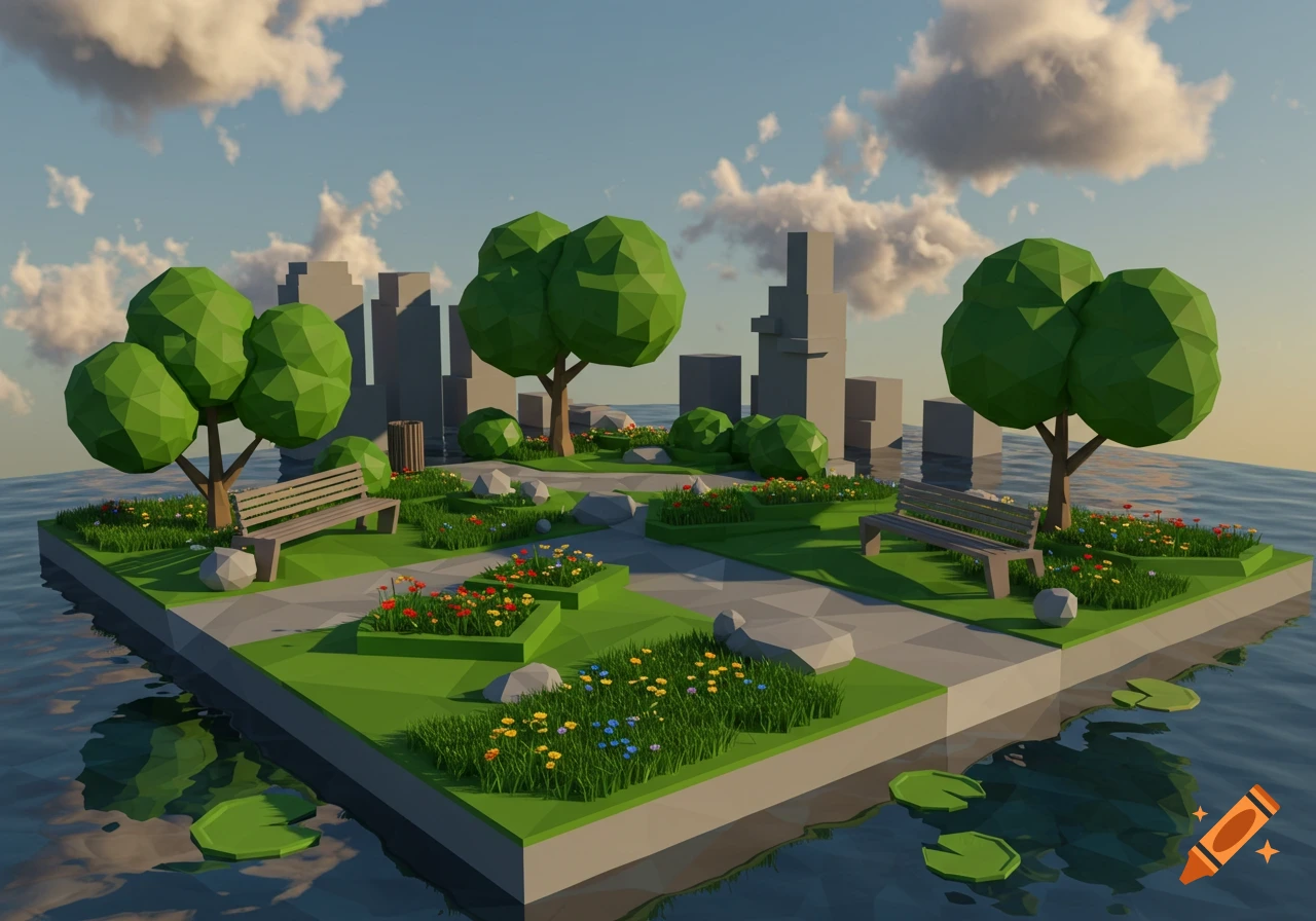 A vibrant low-poly digital art scene of a small park island with trees, benches, colorful flowers, and a distant city skyline, surrounded by calm water with lily pads.