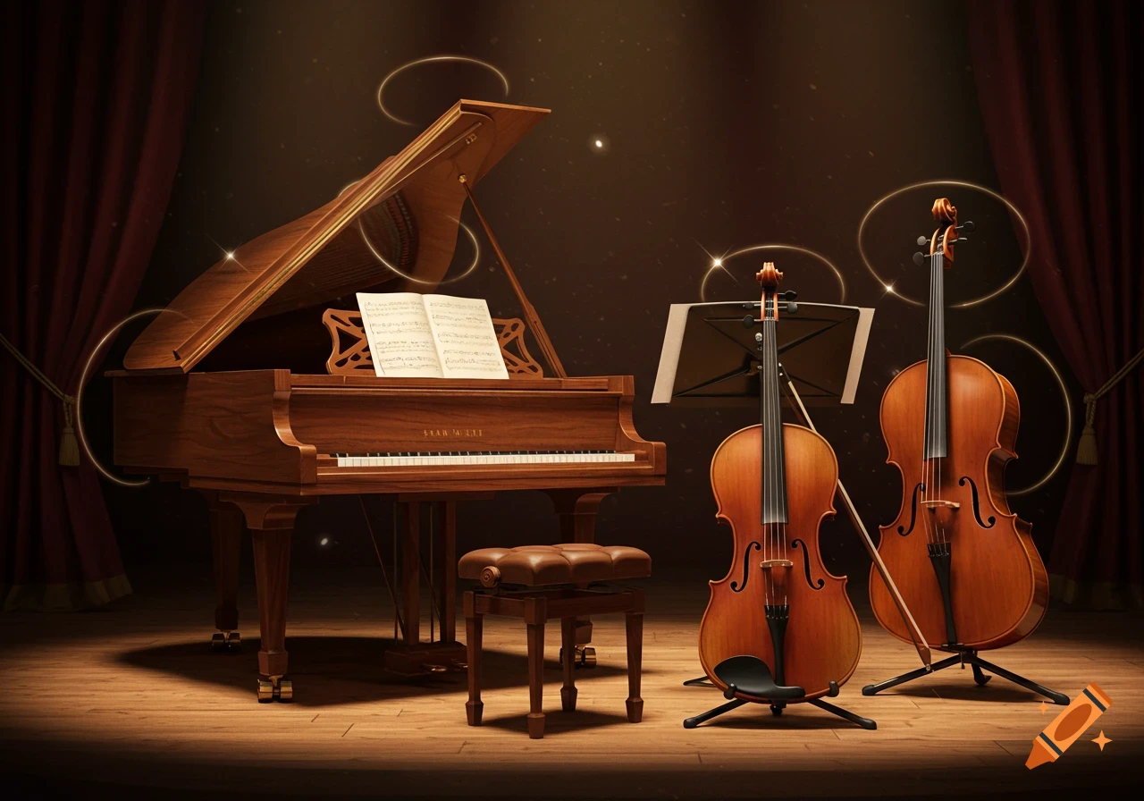 A grand piano, cello, and violin stand on a spotlighted wooden stage with red curtains.