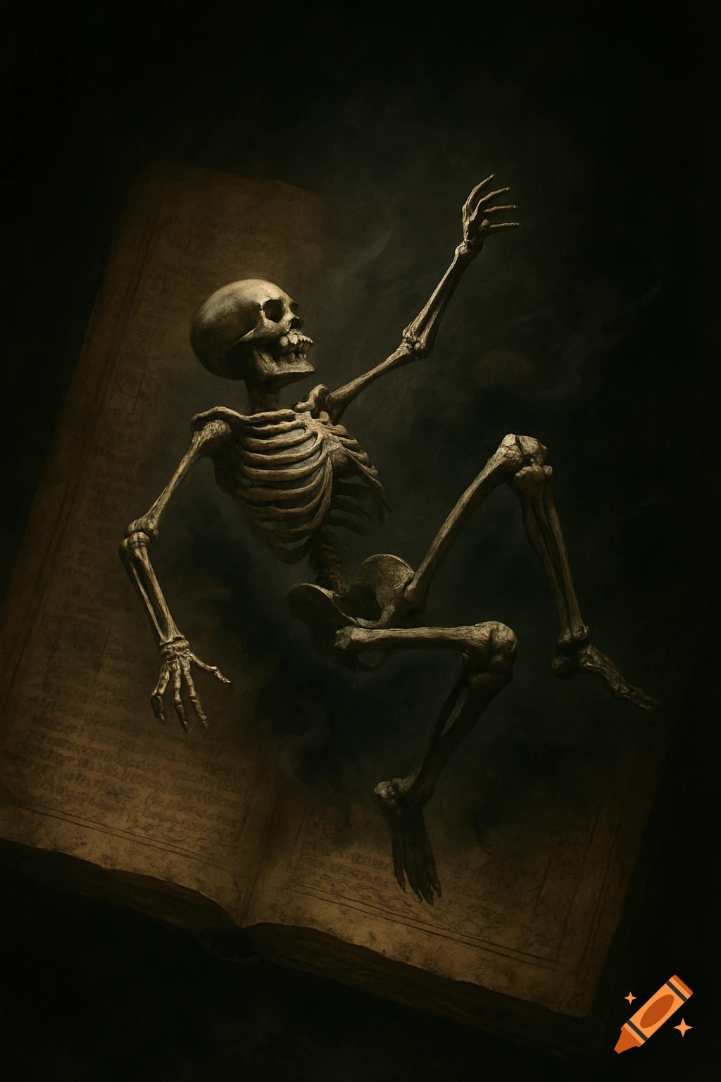 A skeleton with an open mouth and raised arm appears to fall into an open, ancient book with illegible text on its pages, set against a dark, smoky background.