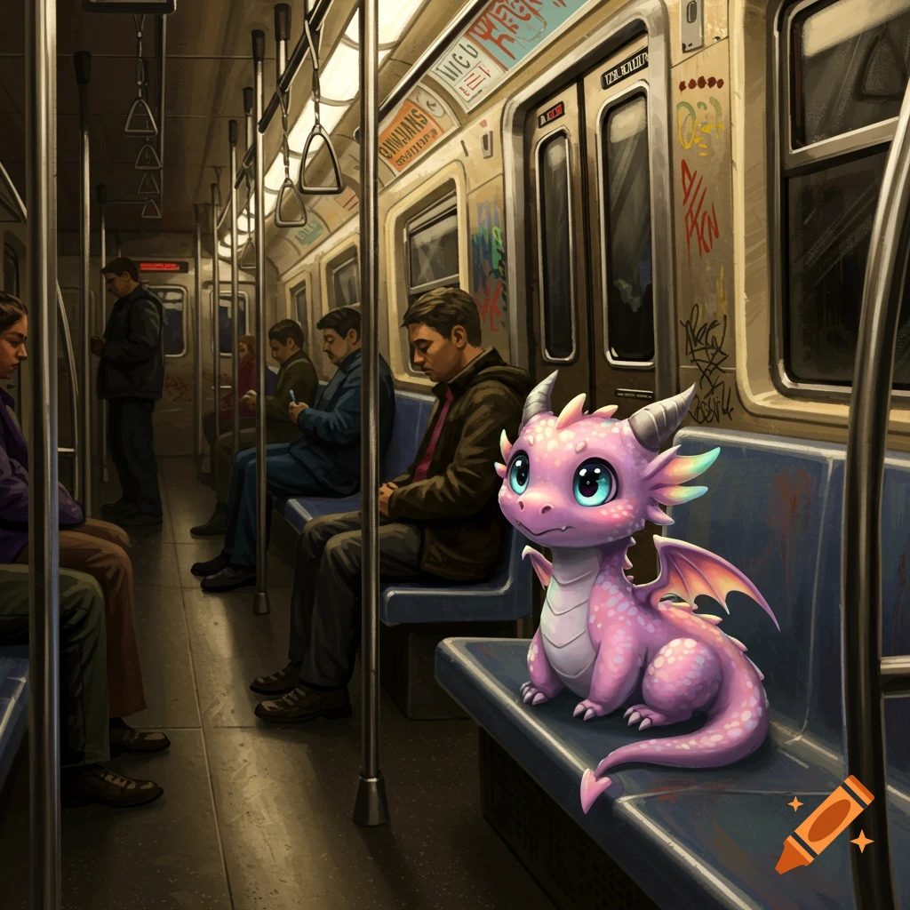 A cute pink cartoon dragon with big blue eyes sits on a blue seat inside a subway car. Several people are visible in the background.