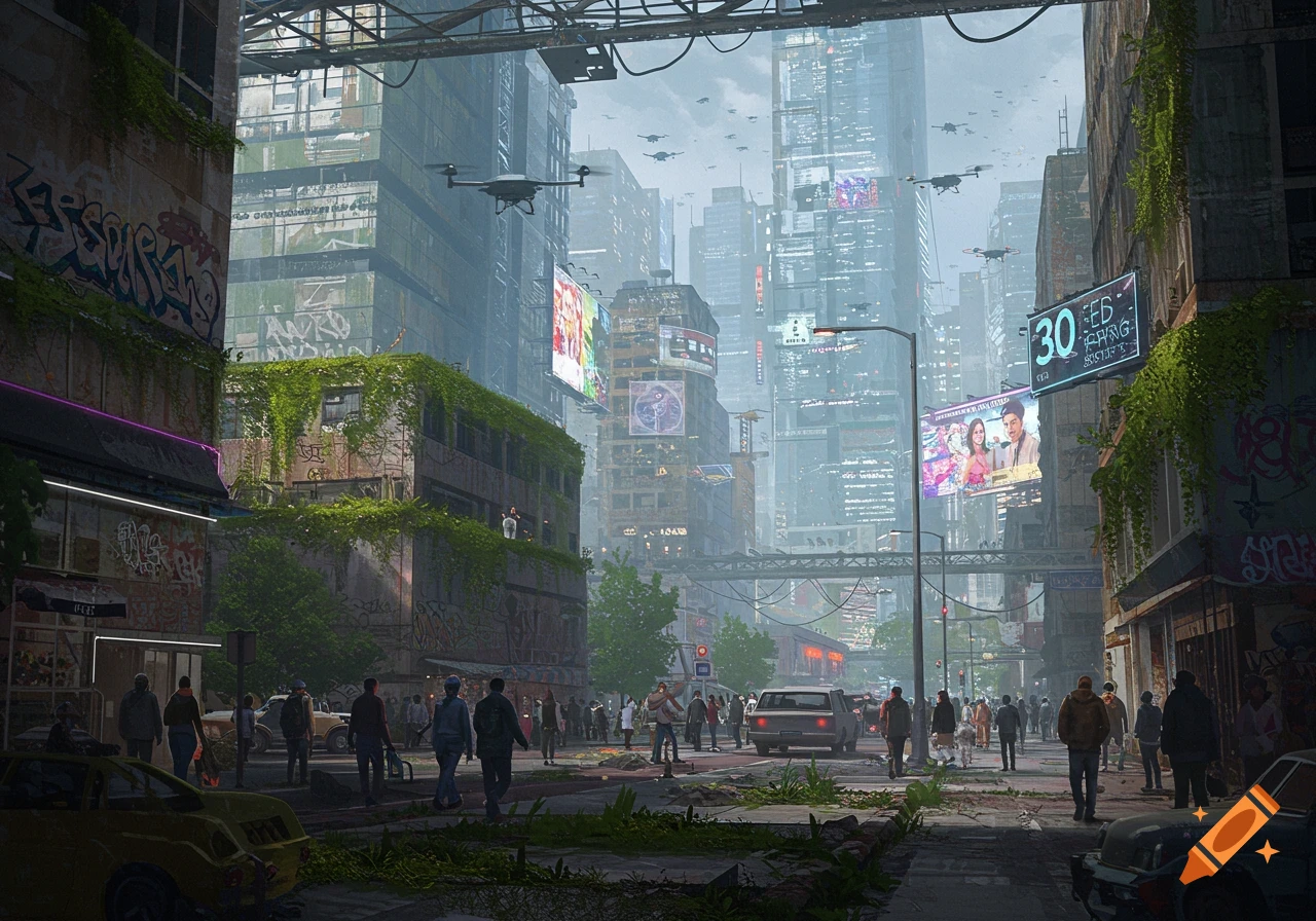 A futuristic, dystopian cityscape with crowded streets, overgrown buildings, flying drones, and large digital billboards.