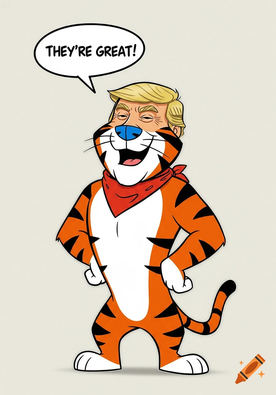 Cartoon of Tony the Tiger with Donald Trump's head, saying 'They're Great!' in a speech bubble.