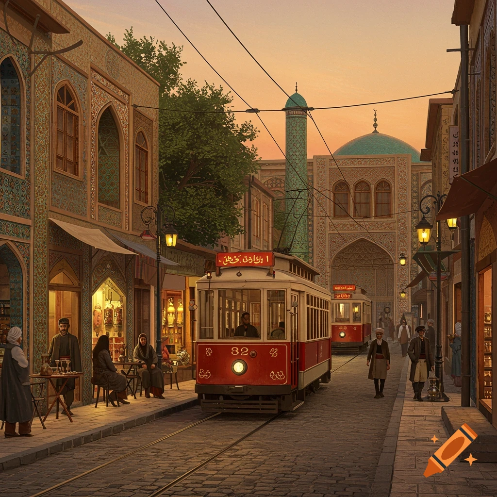 A bustling historical street in a Middle Eastern city at dusk, with ornate buildings, a mosque, and red trams on cobblestone tracks. People in traditional attire walk and sit along the street.