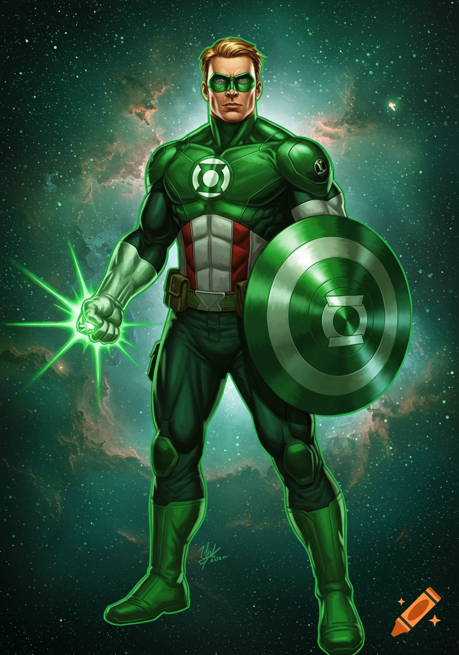 A superhero combining Captain America and Green Lantern, creating green energy with one hand and holding a Green Lantern shield, against a cosmic green background.