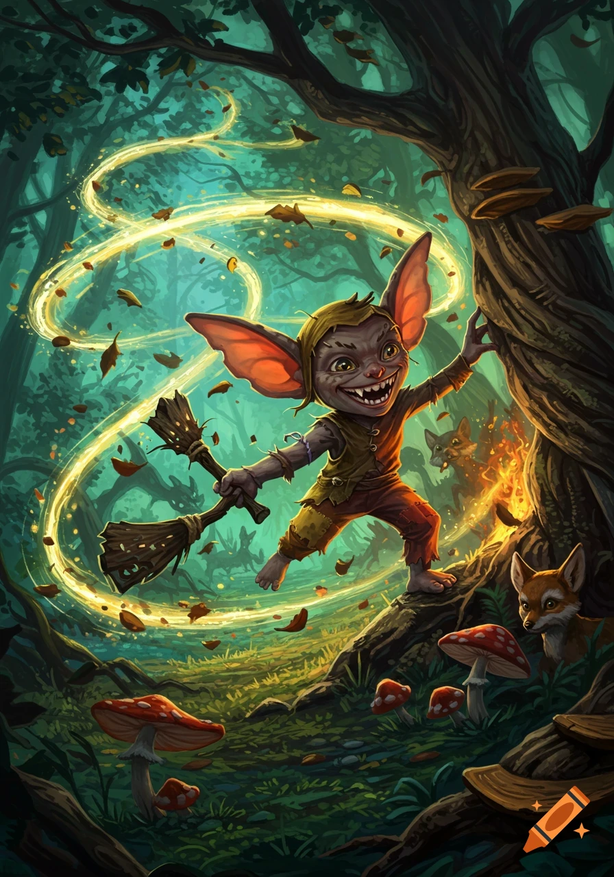 A grinning, mischievous gremlin with large ears and sharp teeth holds two brooms in a magical forest with glowing energy trails and red mushrooms.