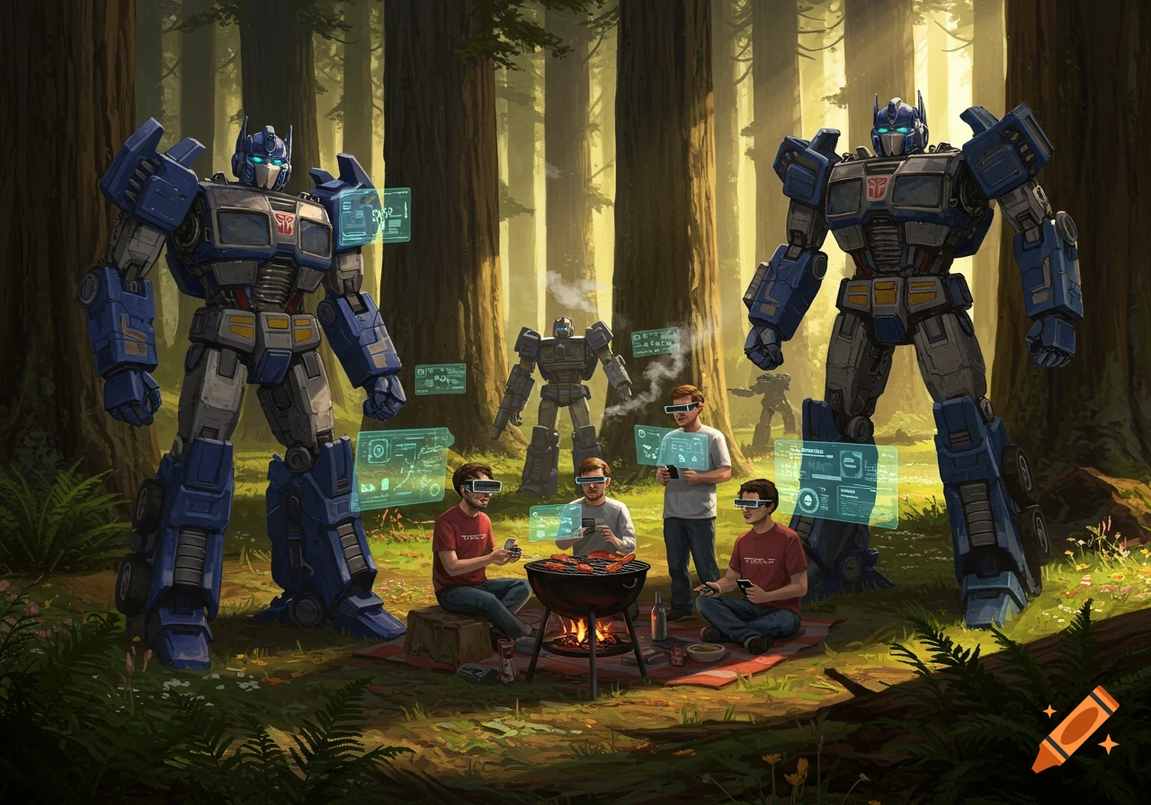 Giant blue robots and men in VR headsets having a BBQ in a redwood forest, with holographic screens.