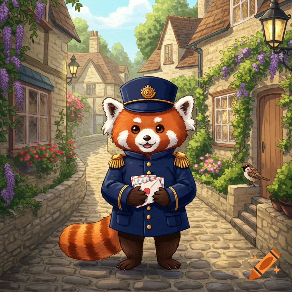 A cute cartoon red panda dressed as a British postman in a blue uniform, holding letters, standing on a cobblestone street in a quaint village.