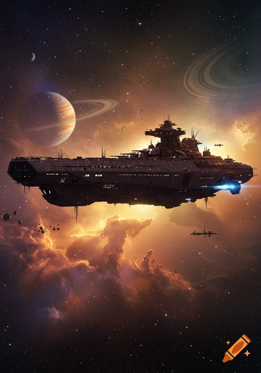 A massive futuristic battleship with glowing engines flies through a vibrant nebula in space, with a ringed planet and moon visible in the background.
