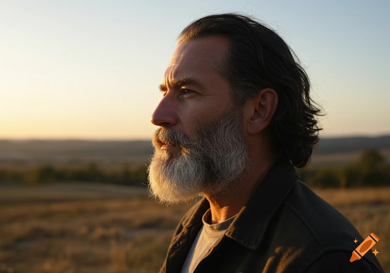 Photorealistic portrait of a bearded man looking towards the horizon in a golden field at sunset.