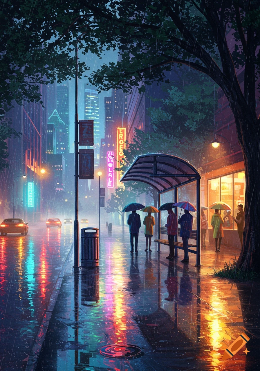 Vibrant digital art of a rainy city street at night, with people under umbrellas at a bus stop. Neon lights reflect on the wet pavement.