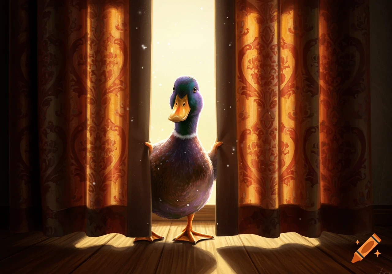 A colorful duck with purple and green feathers peeks through ornate red and gold curtains from a shadowy room.