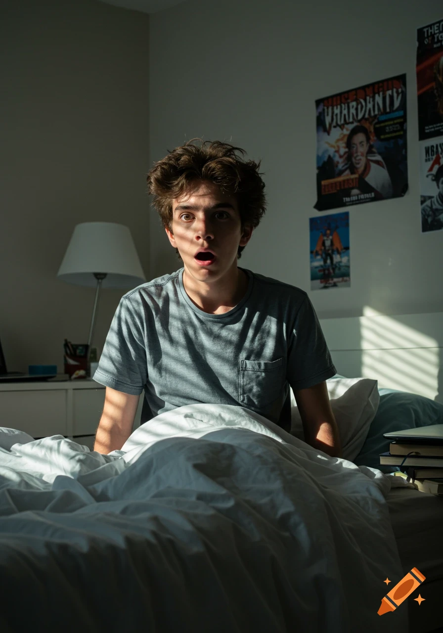 A surprised young man with messy brown hair and wide eyes sits up in bed, lit by morning light streaming through blinds.
