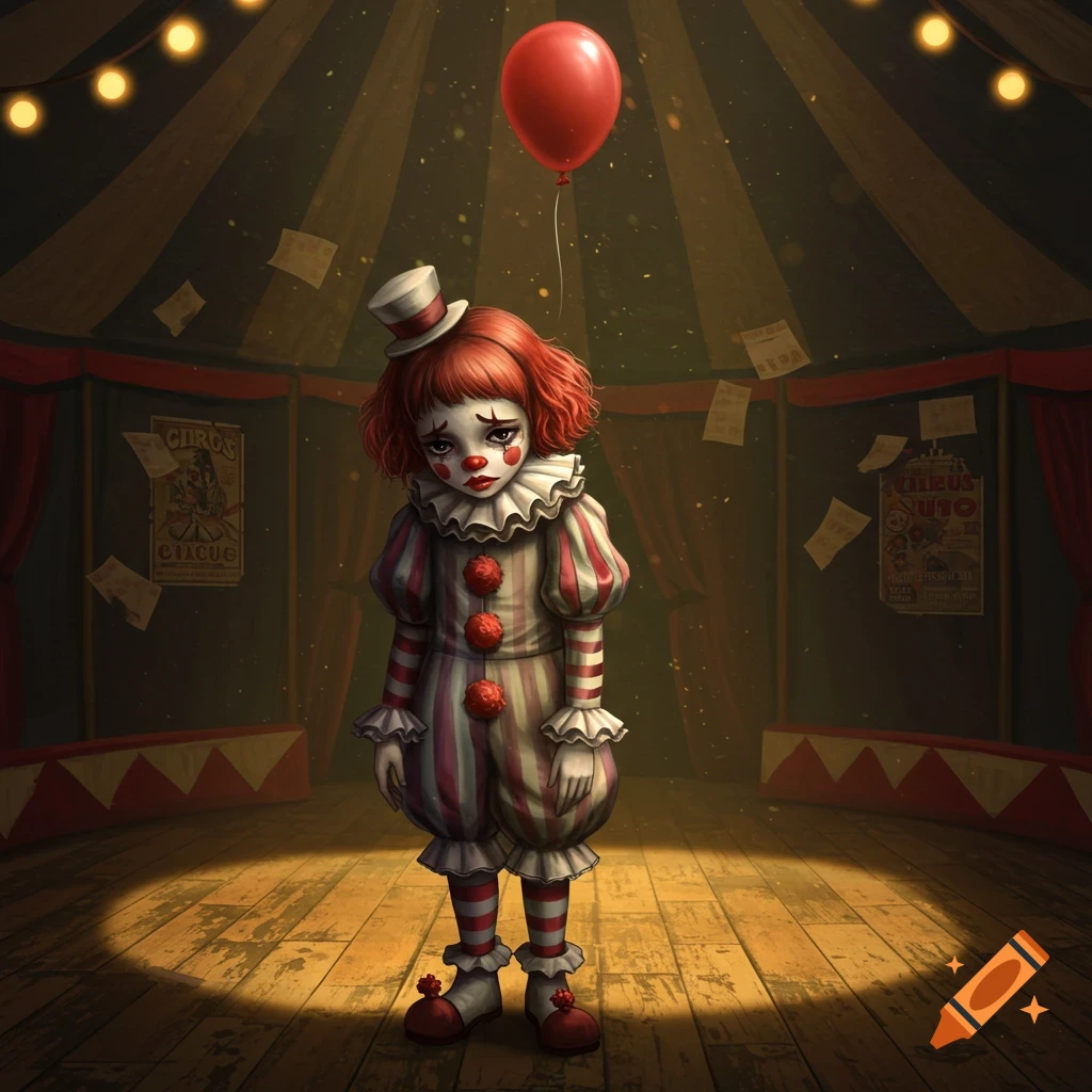 A sad girl clown with red hair and a top hat stands in a spotlight in a circus tent, holding a red balloon. Stylized art.