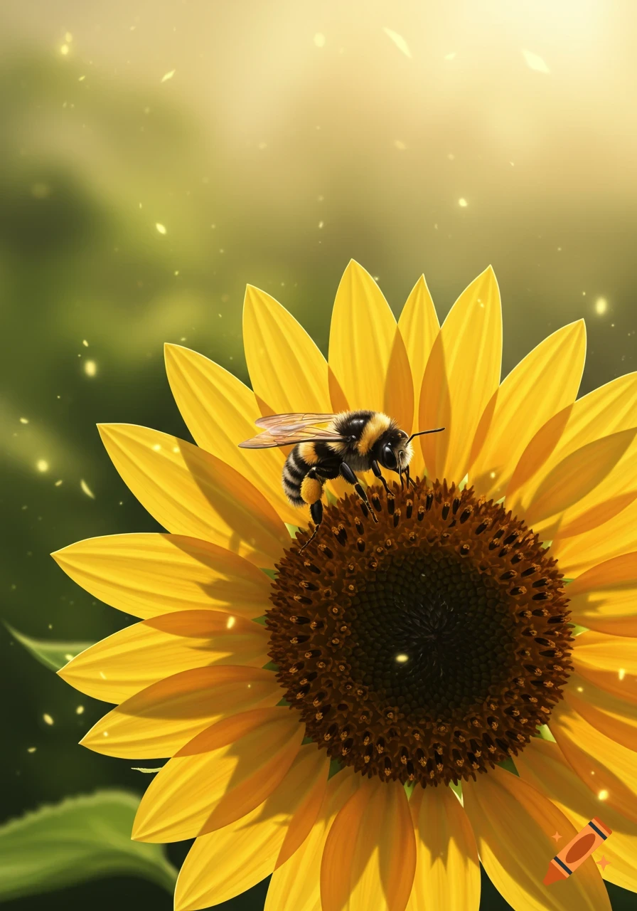 A bumblebee rests on a bright yellow sunflower, with a soft, glowing background and sparkling light.
