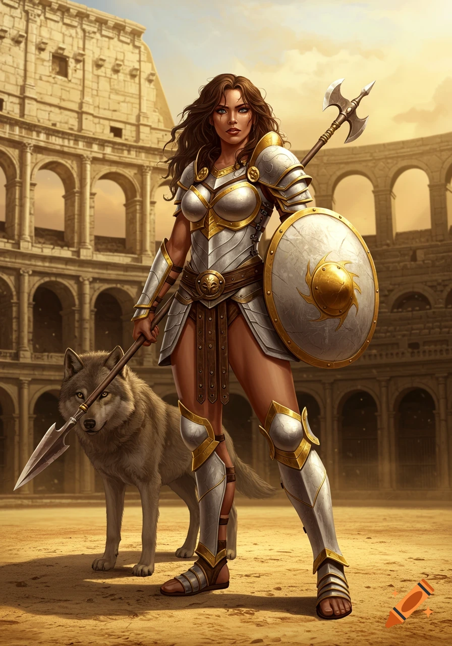 A female fantasy warrior in white and gold armor, holding a glaive and shield, stands with a wolf in an ancient Roman amphitheater.