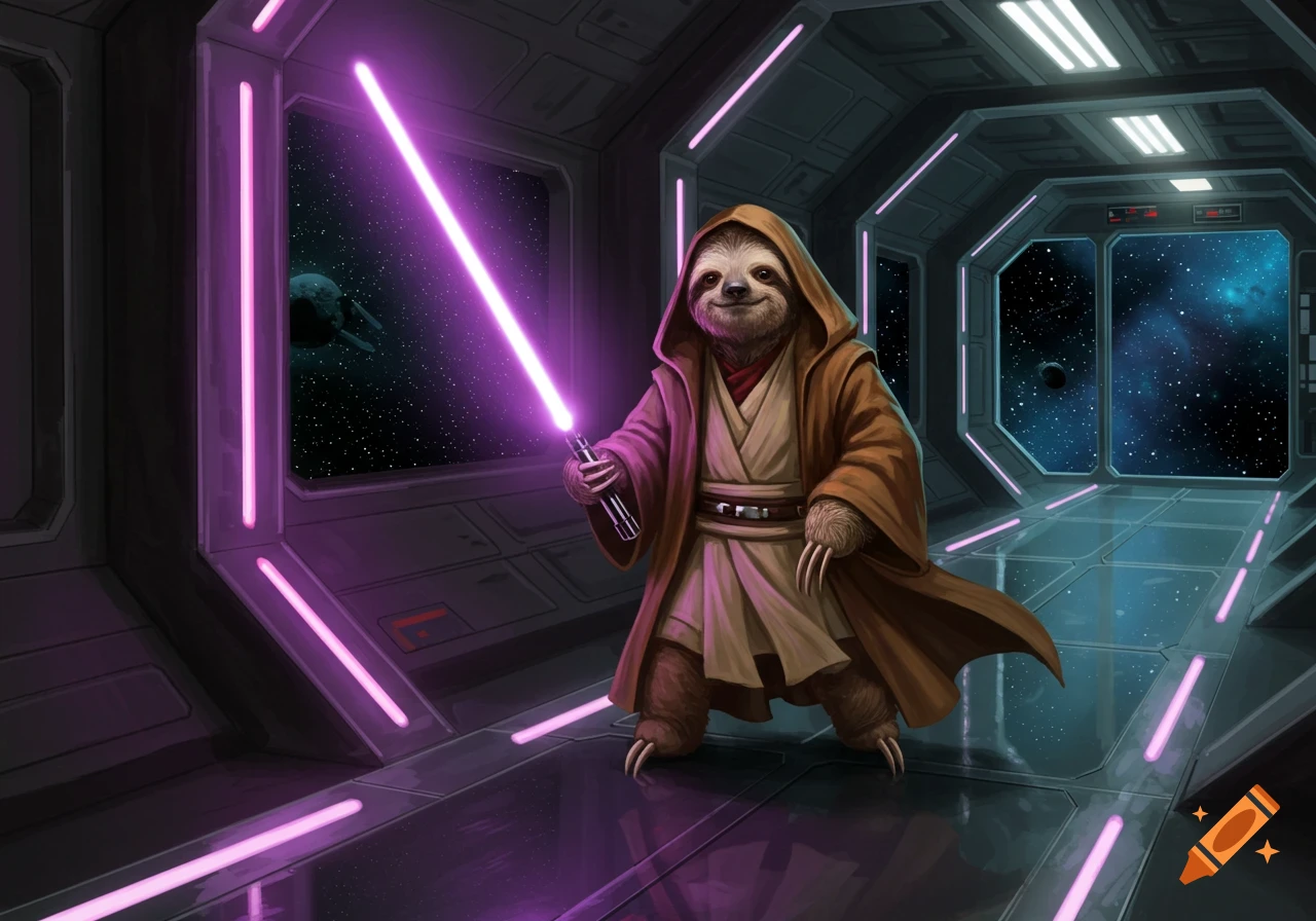 A cute sloth dressed as Obi-Wan Kenobi wields a purple lightsaber in a spaceship corridor, looking out into space.