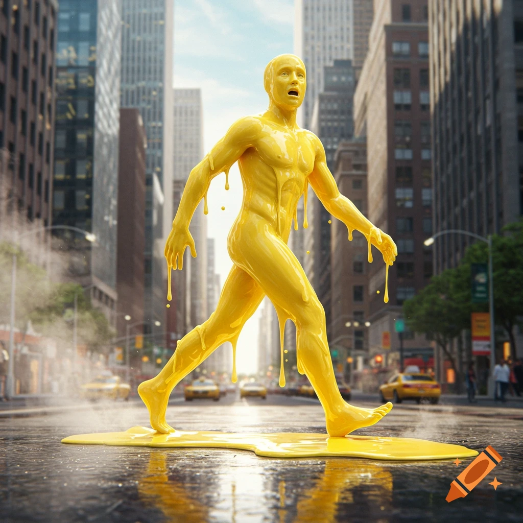 Photorealistic image of a panicked man made of melting butter walking on a wet downtown city street.