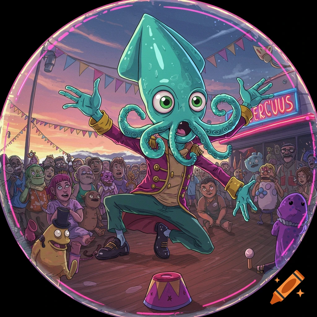 Cartoon teal squid in a ringmaster's coat poses on a stage for a crowd at a sunset carnival.
