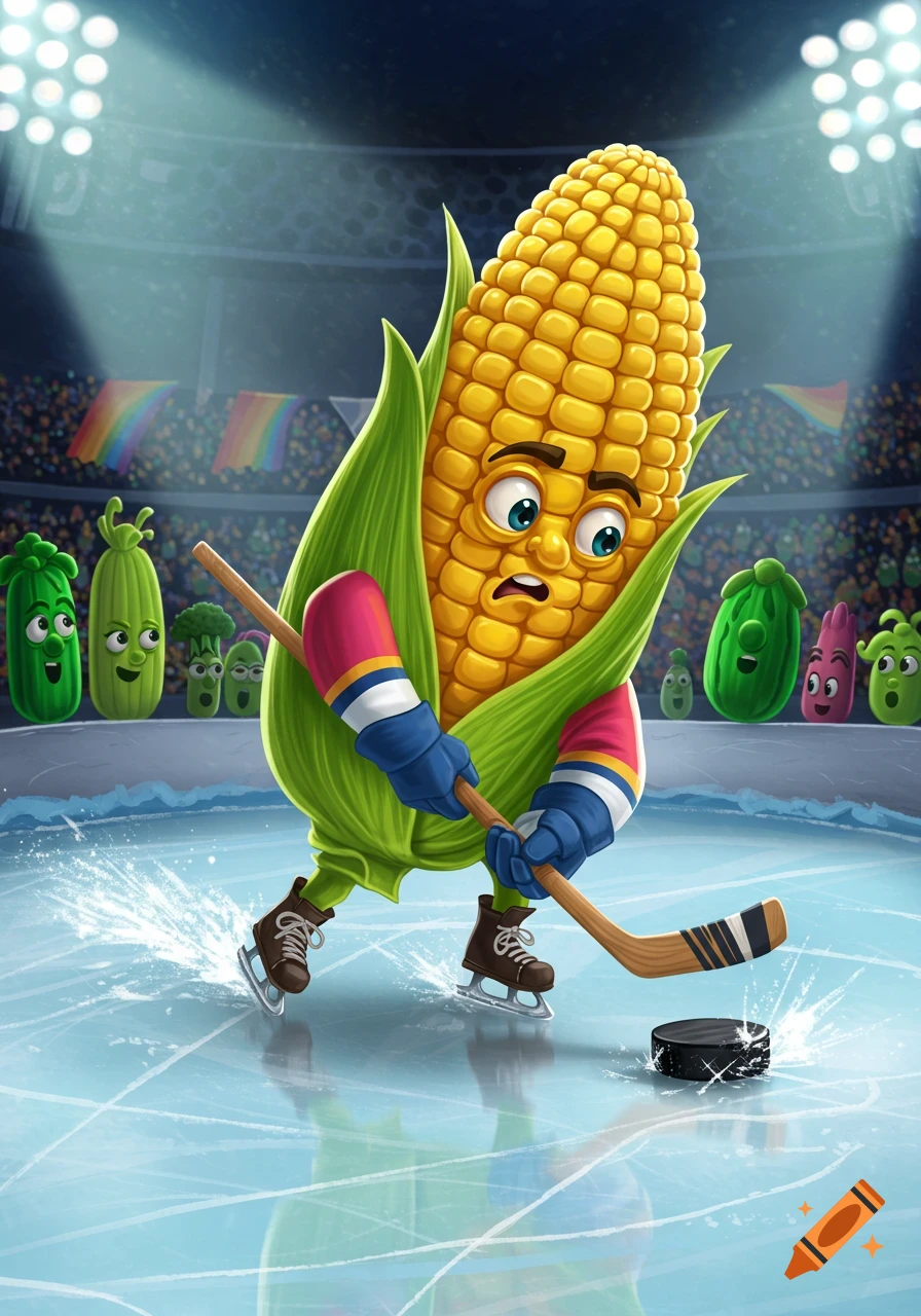 Cartoon illustration of an anthropomorphic corn cob character playing ice hockey in an arena with other vegetables watching.