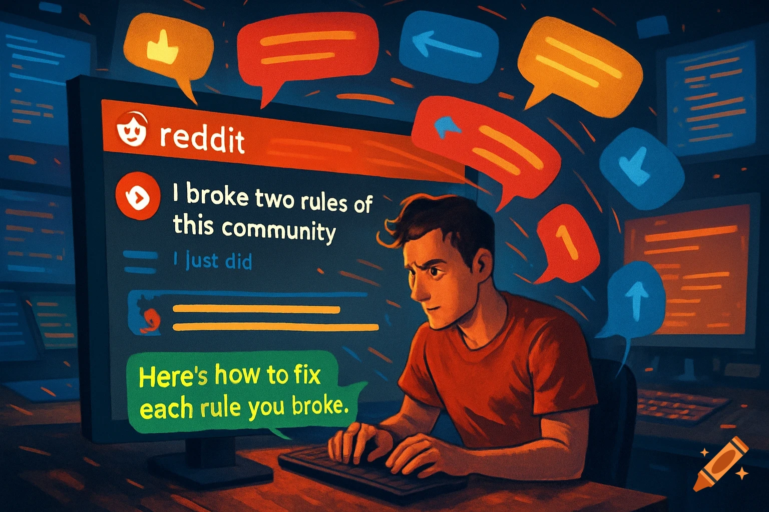 A concerned man types at a computer displaying a Reddit post about breaking rules and a reply on how to fix them, surrounded by floating UI elements in a digital illustration.