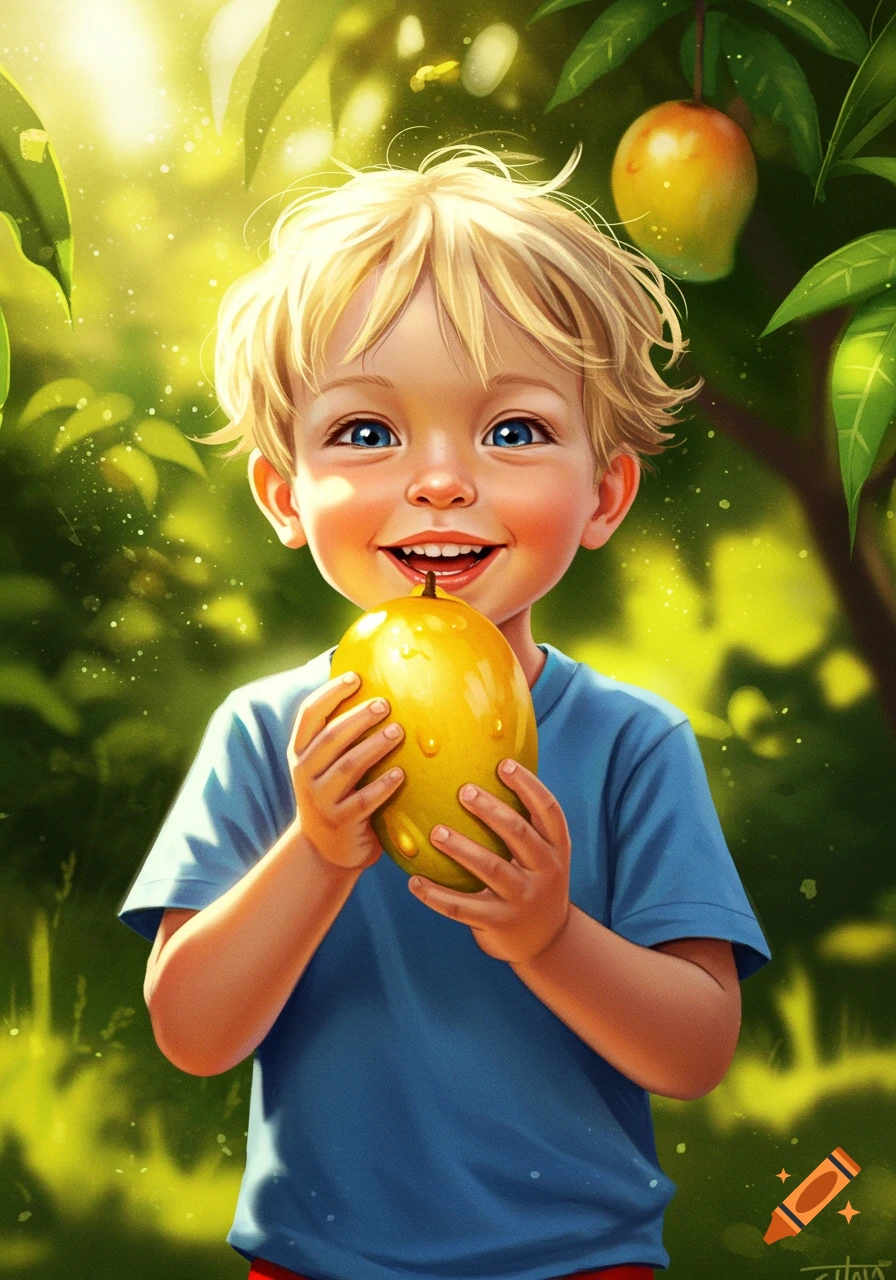 Smiling blonde boy in a blue shirt holding a ripe yellow mango with water droplets in a bright, sunny orchard. Illustrated style.