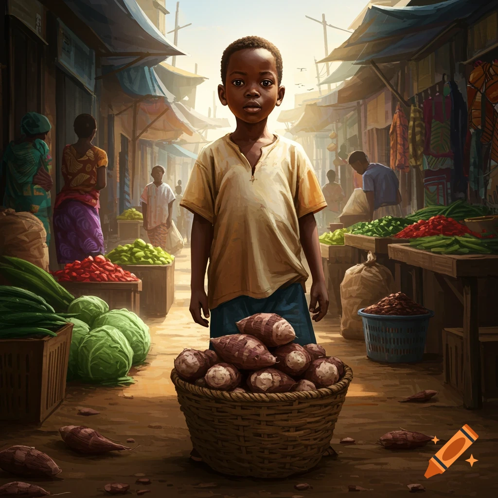 A young Black boy stands in a bustling open-air market, with a large basket of tubers in front of him, rendered in a vibrant illustration style.