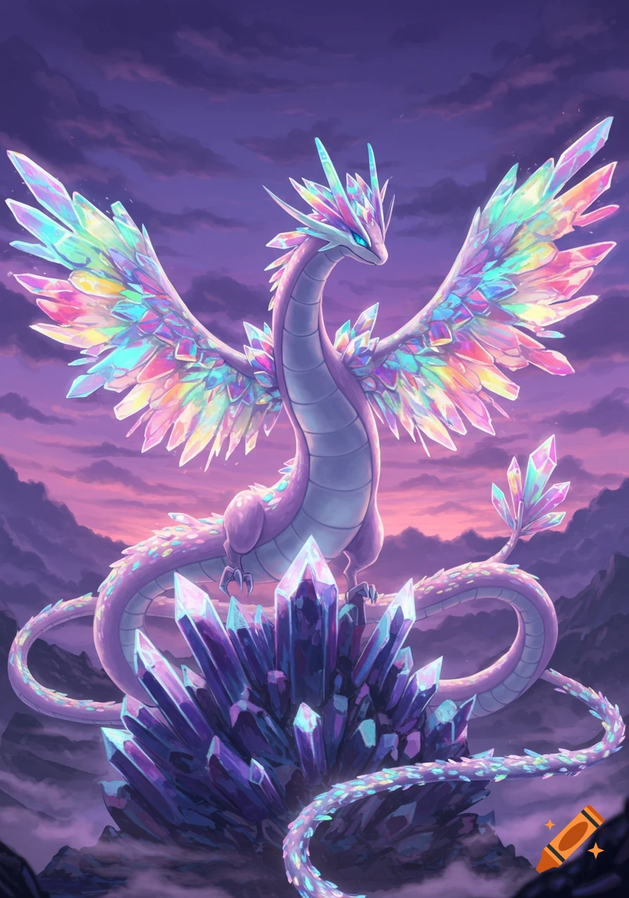 A majestic iridescent crystal dragon stands on purple crystals against a vibrant purple and pink sunset sky, fantasy art.