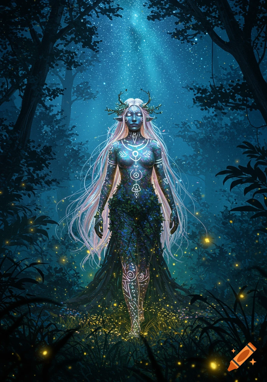 An ethereal nature spirit with glowing markings and long white hair walks through a magical, star-filled forest with fireflies.